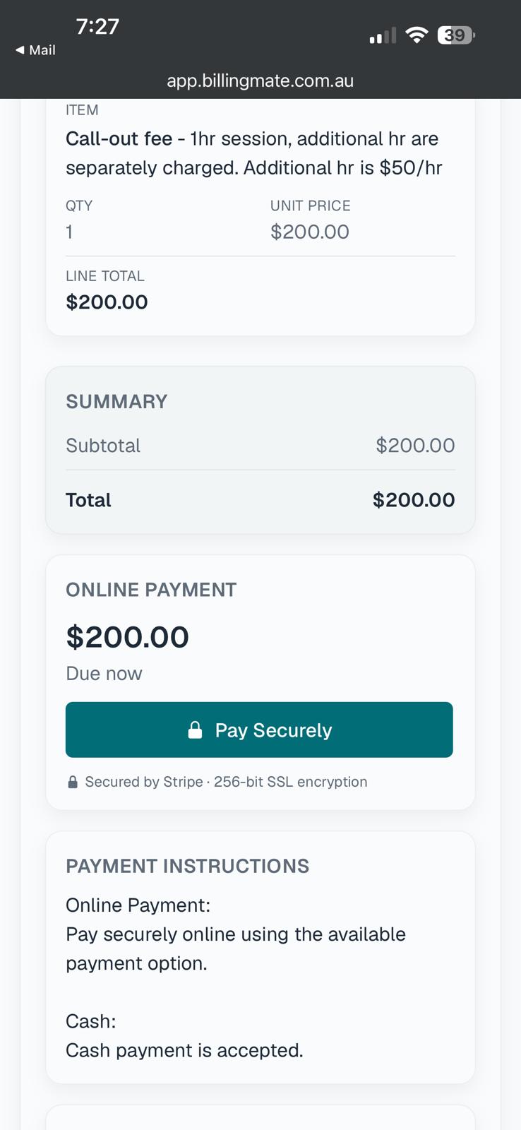 BillingMate invoice payment page