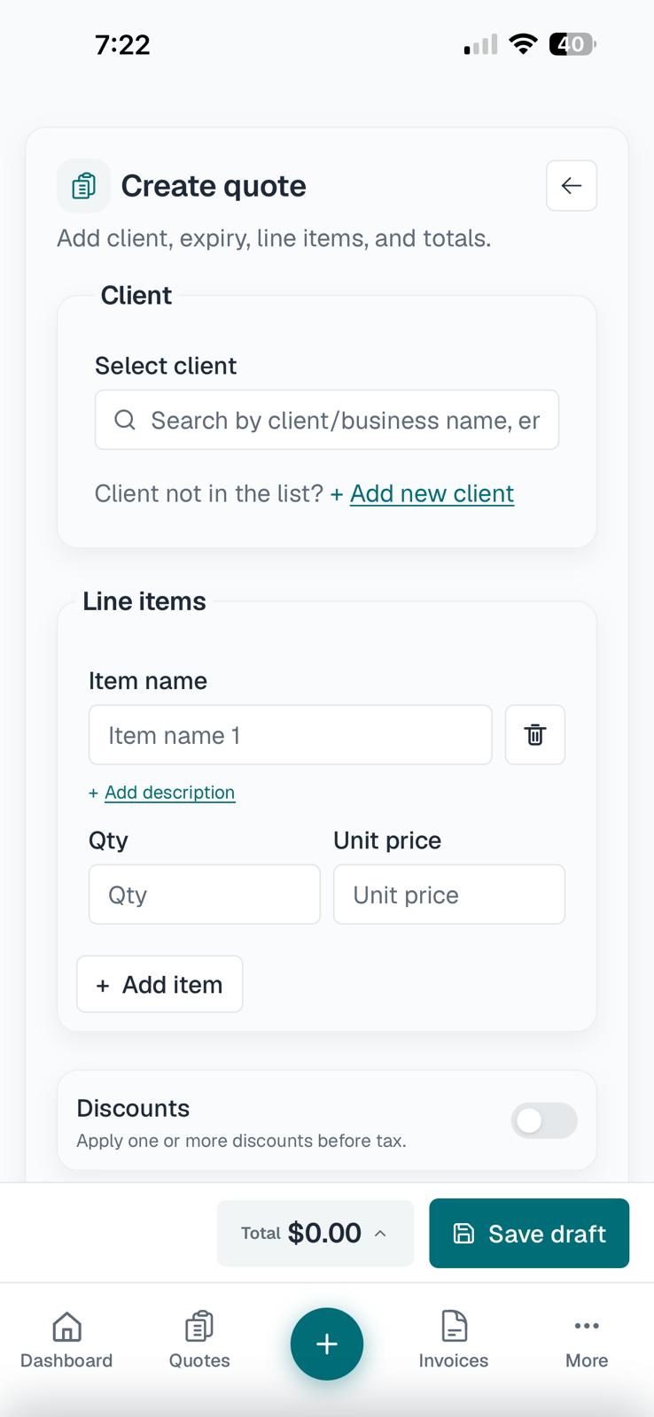 BillingMate create quote form